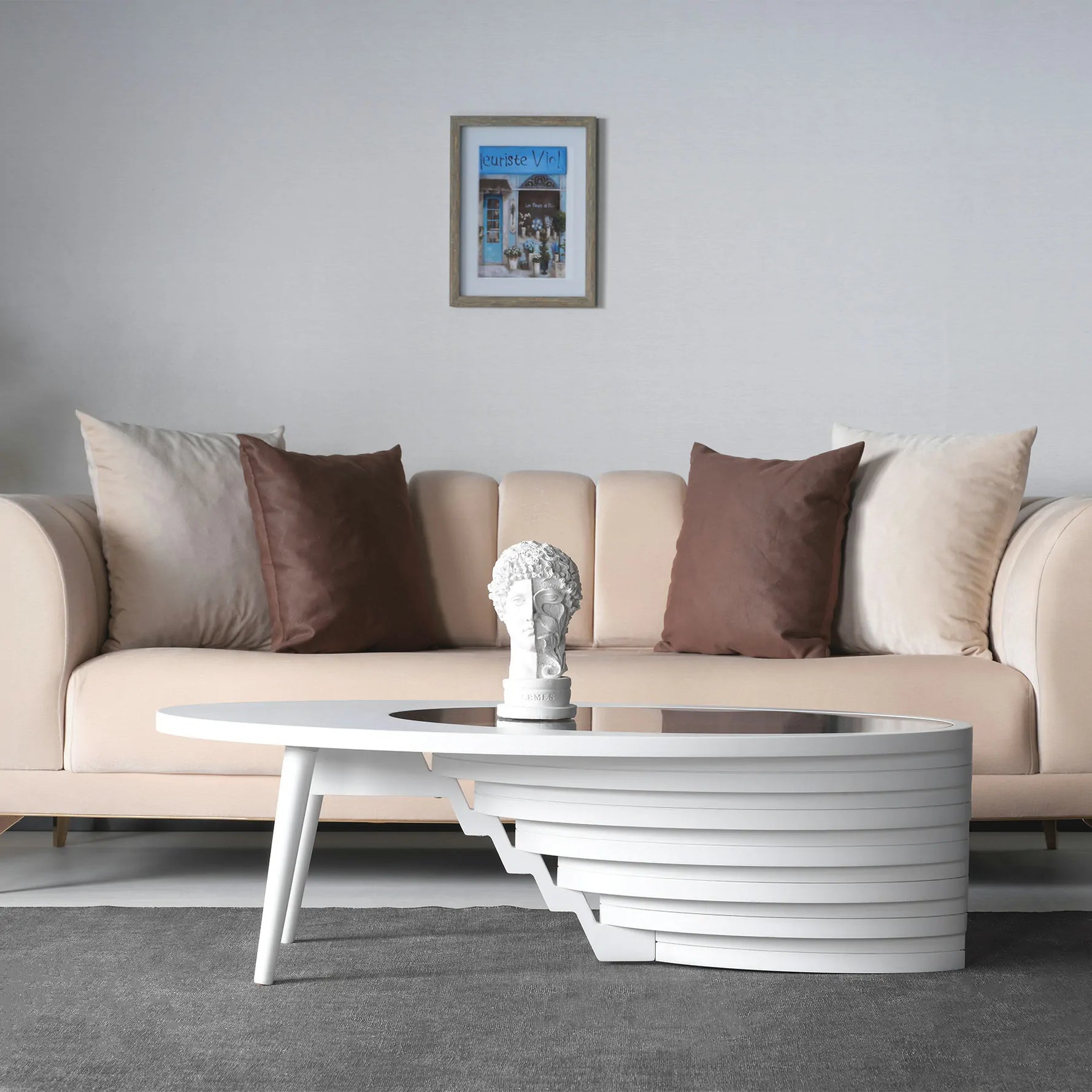 Luxury coffee table with curved wooden legs and glass top