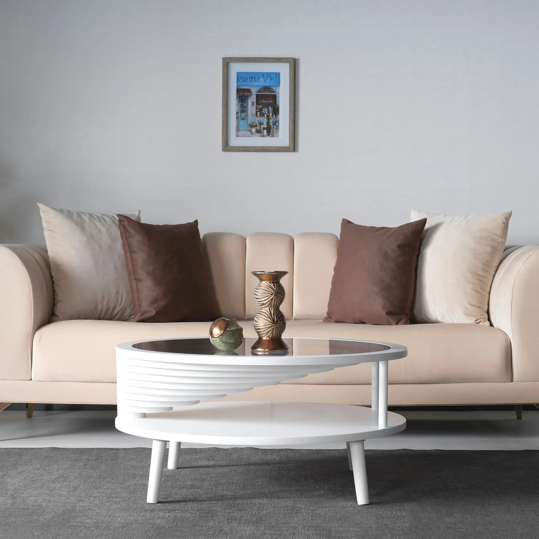 White round table with layered glass top design