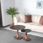 Colorful pedestal accent tables with natural wood tops