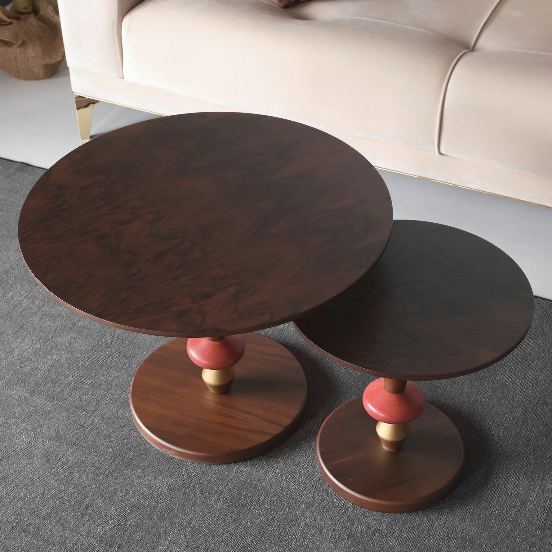 Eclectic round end tables with color block detailing