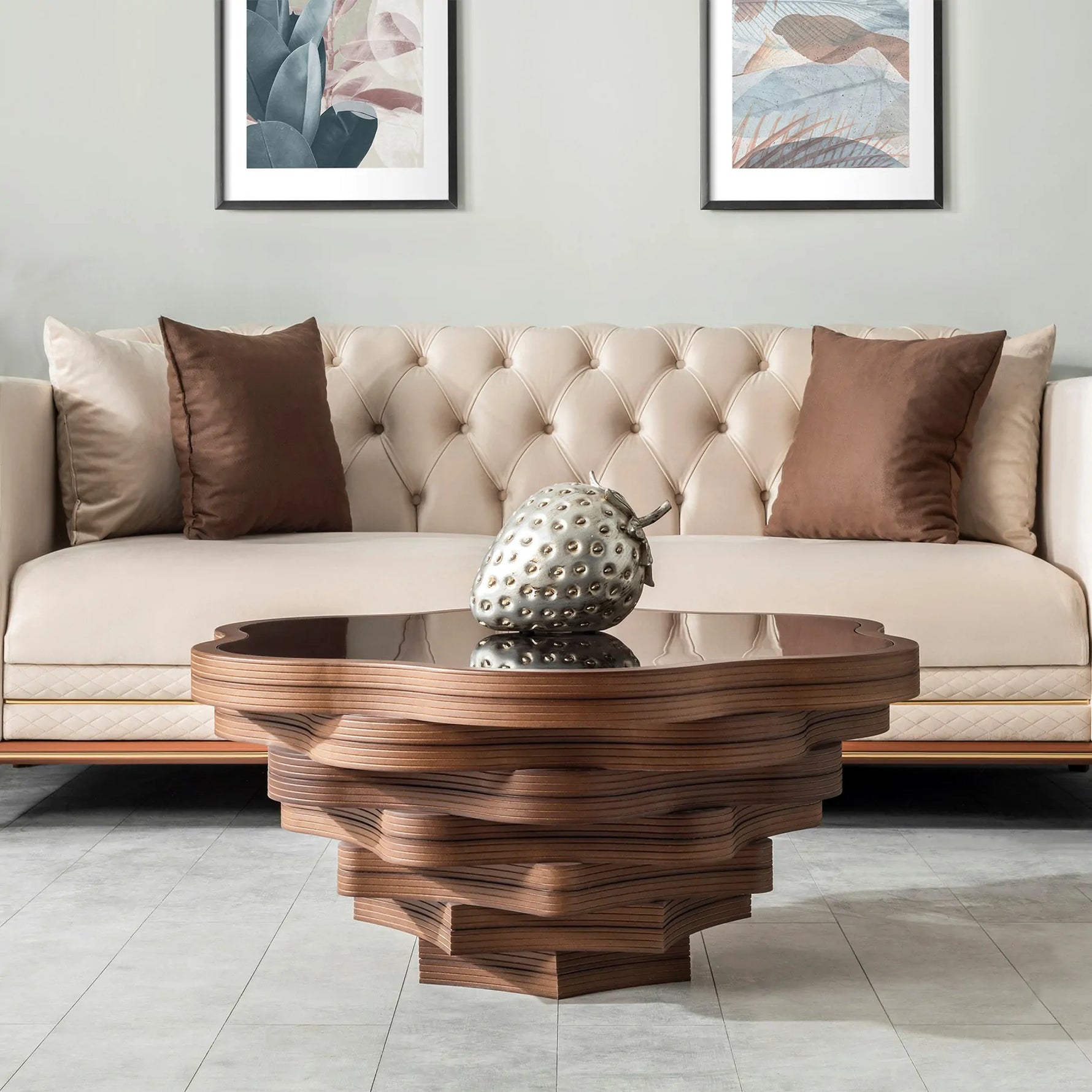 Decorative organic design table with layered glass top