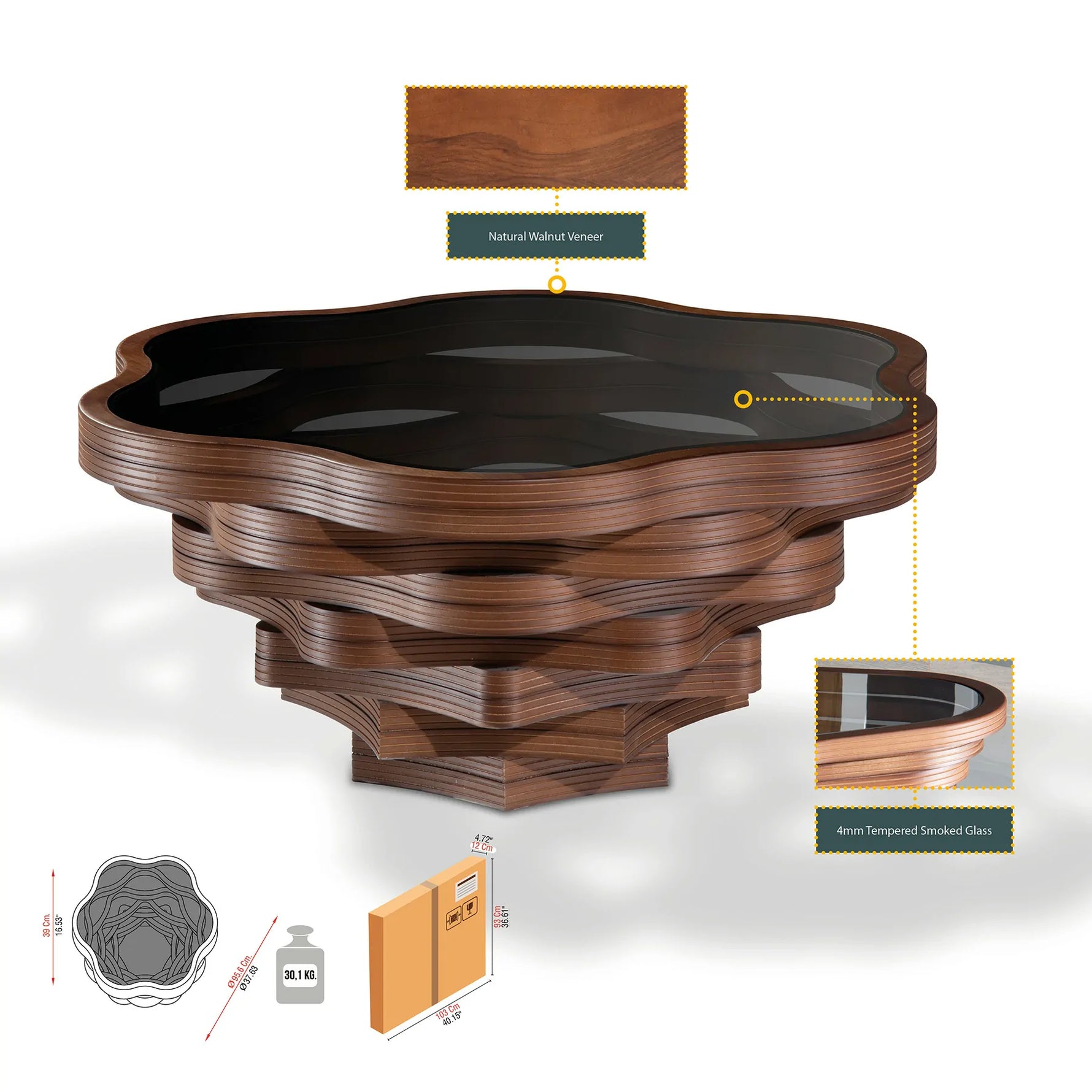 Glass-topped lotus coffee table with organic petal silhouette
