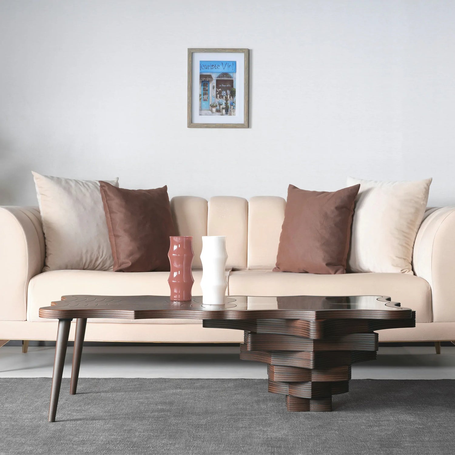 Modern artistic table with layered glass and sculptural base