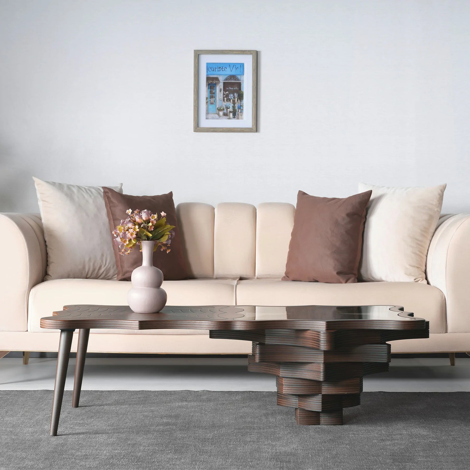 Dual-surface coffee table with offset wood and glass sections