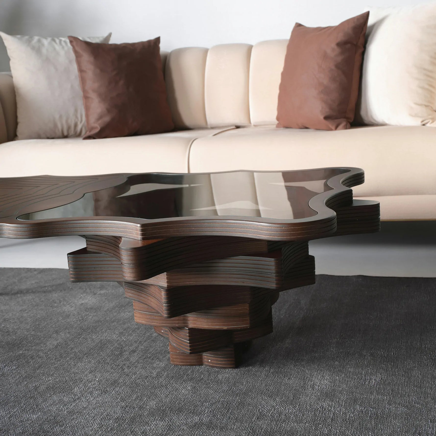 Sculptural side table with geometric wood carving detail