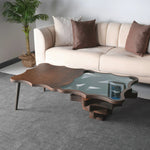 Art-inspired coffee table with decorative wood and glass blend