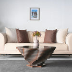 Artistic floral-inspired table with petal silhouette and wood texture