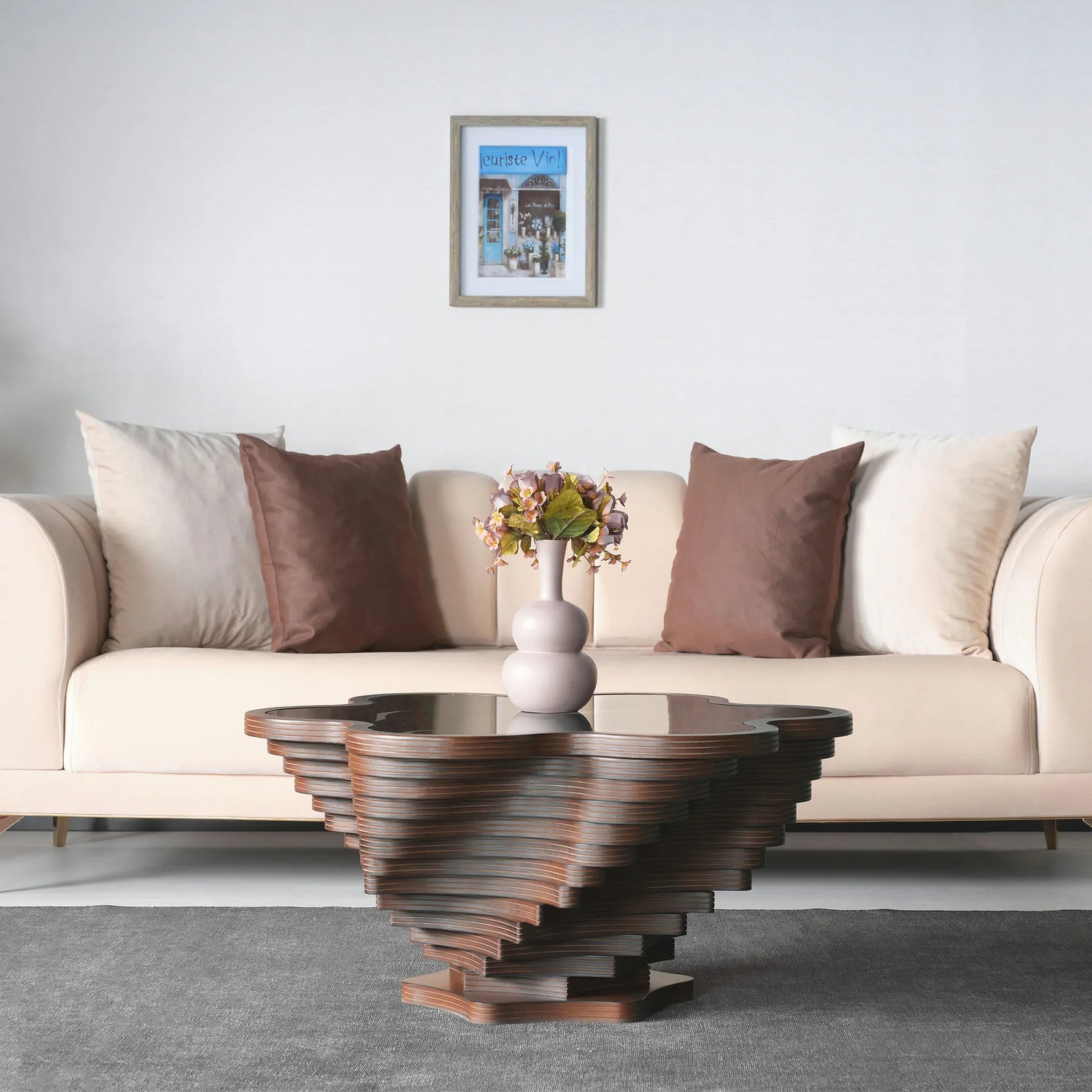 Artistic floral-inspired table with petal silhouette and wood texture