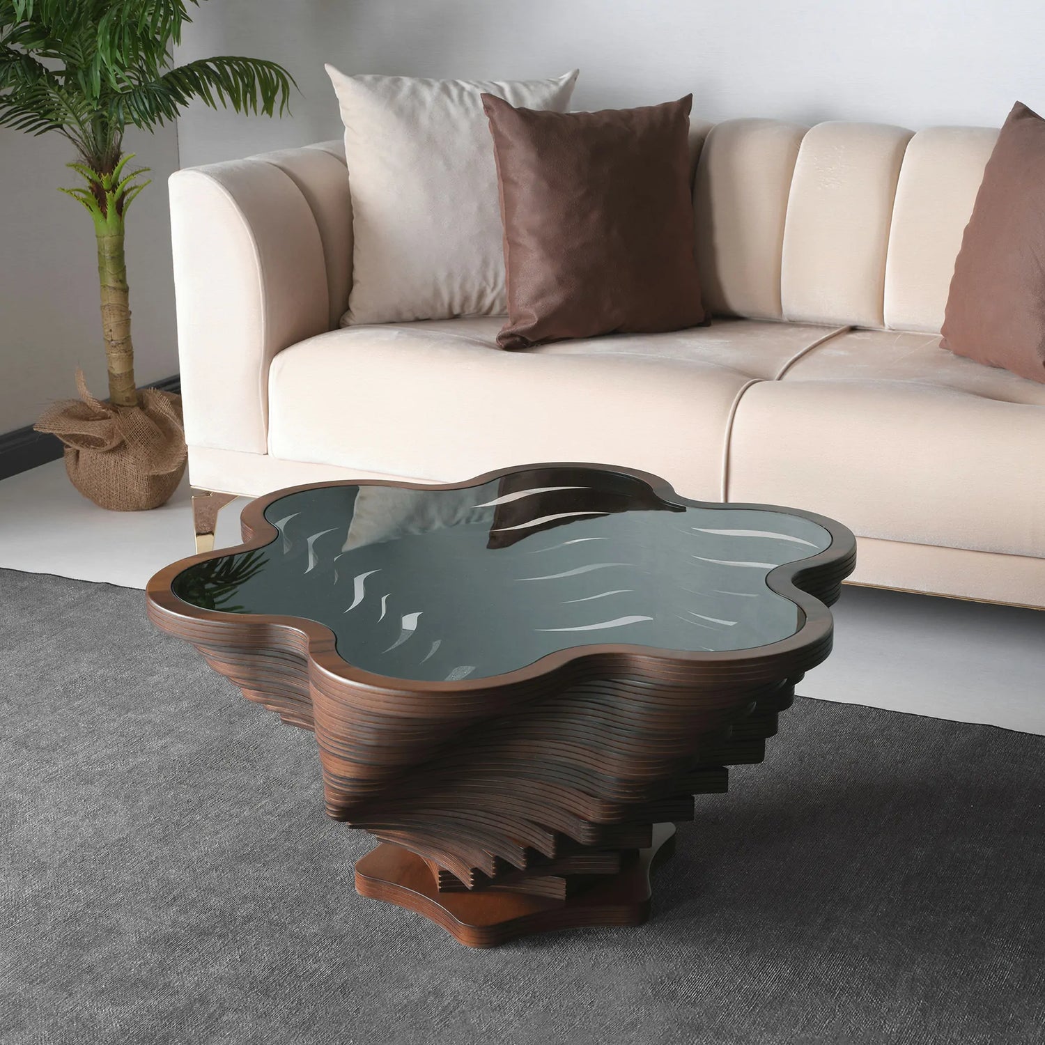 Petal-shaped coffee table with floral sculptural base