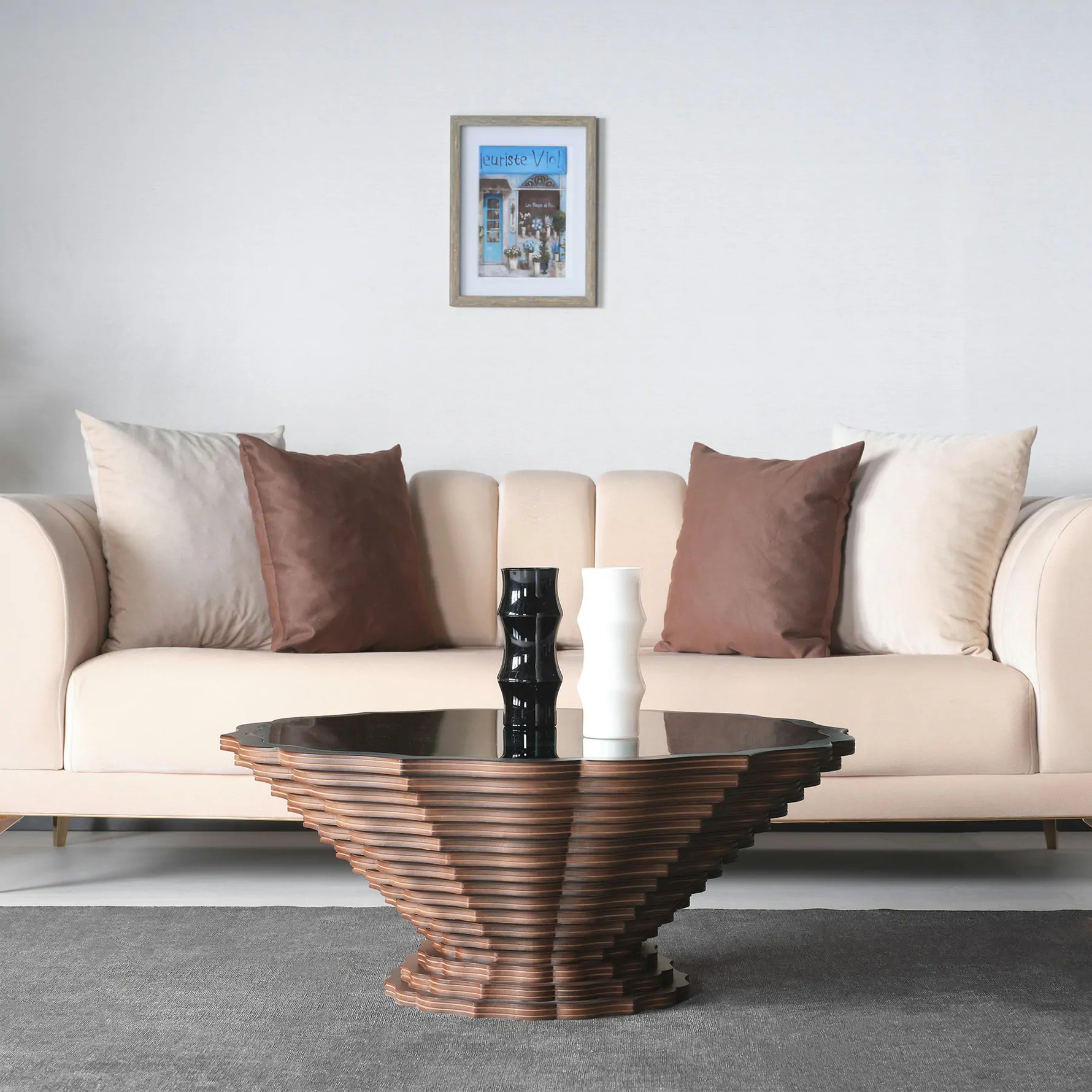 Modern artistic table with circular scalloped glass top