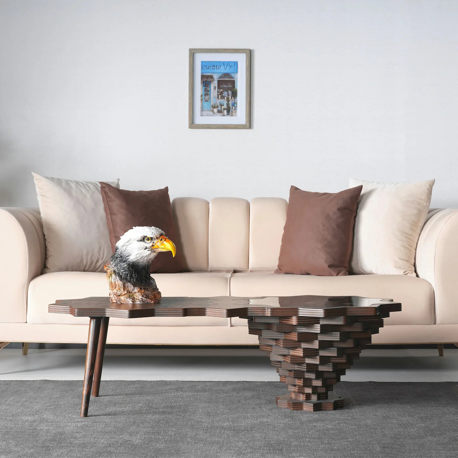 Star-shaped wood coffee table with artistic detailing