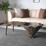 A star-shaped side table with a wooden structure and a dark glass top.