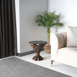 Handcrafted modern side table with starburst carving and depth
