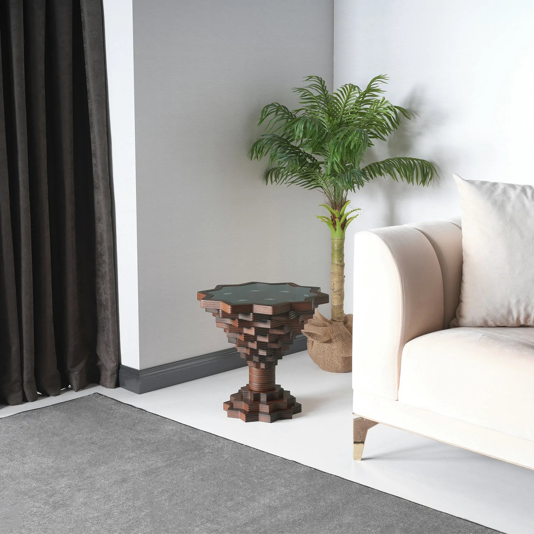 Handcrafted modern side table with starburst carving and depth
