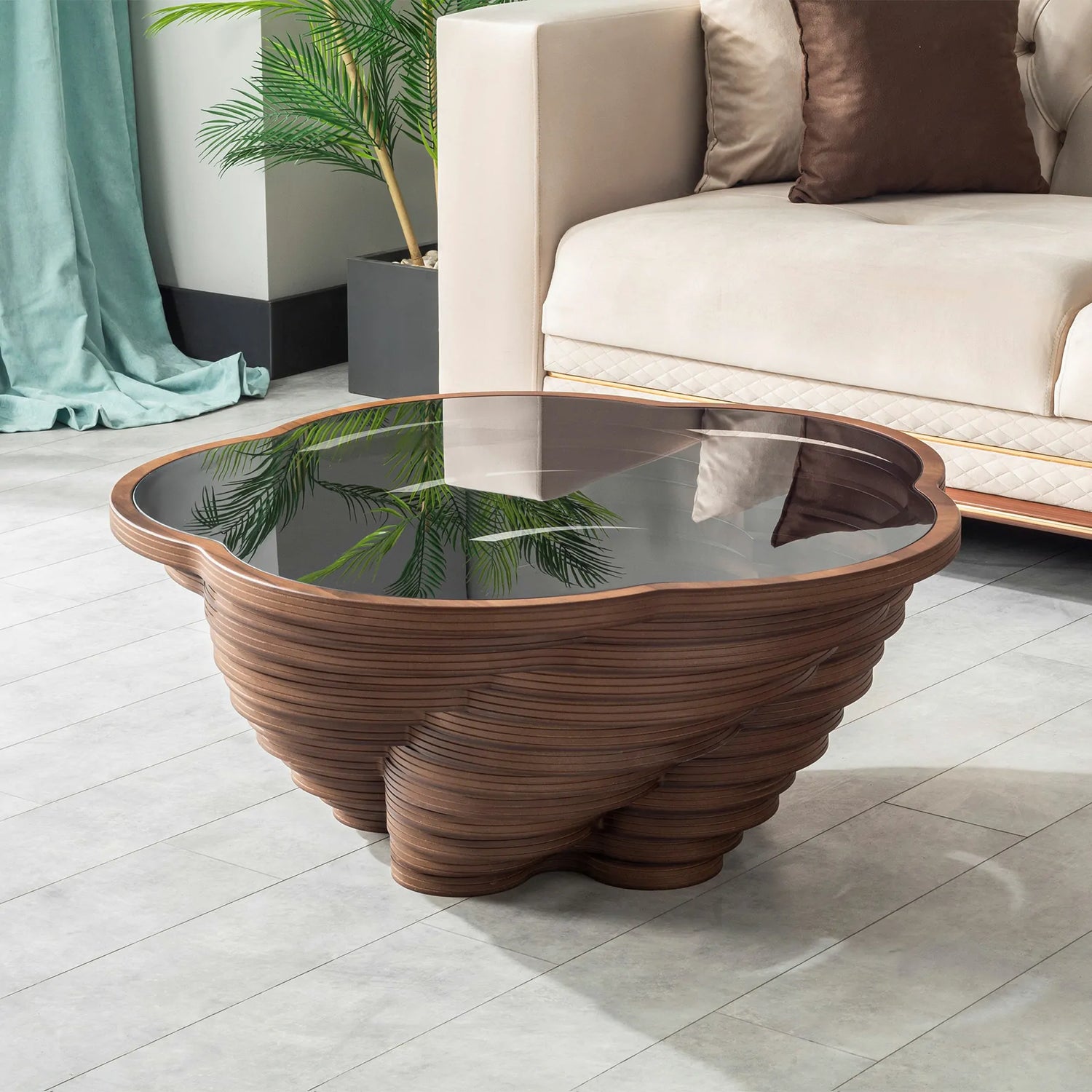 Cloud-edge coffee table with layered wood sculptural base
