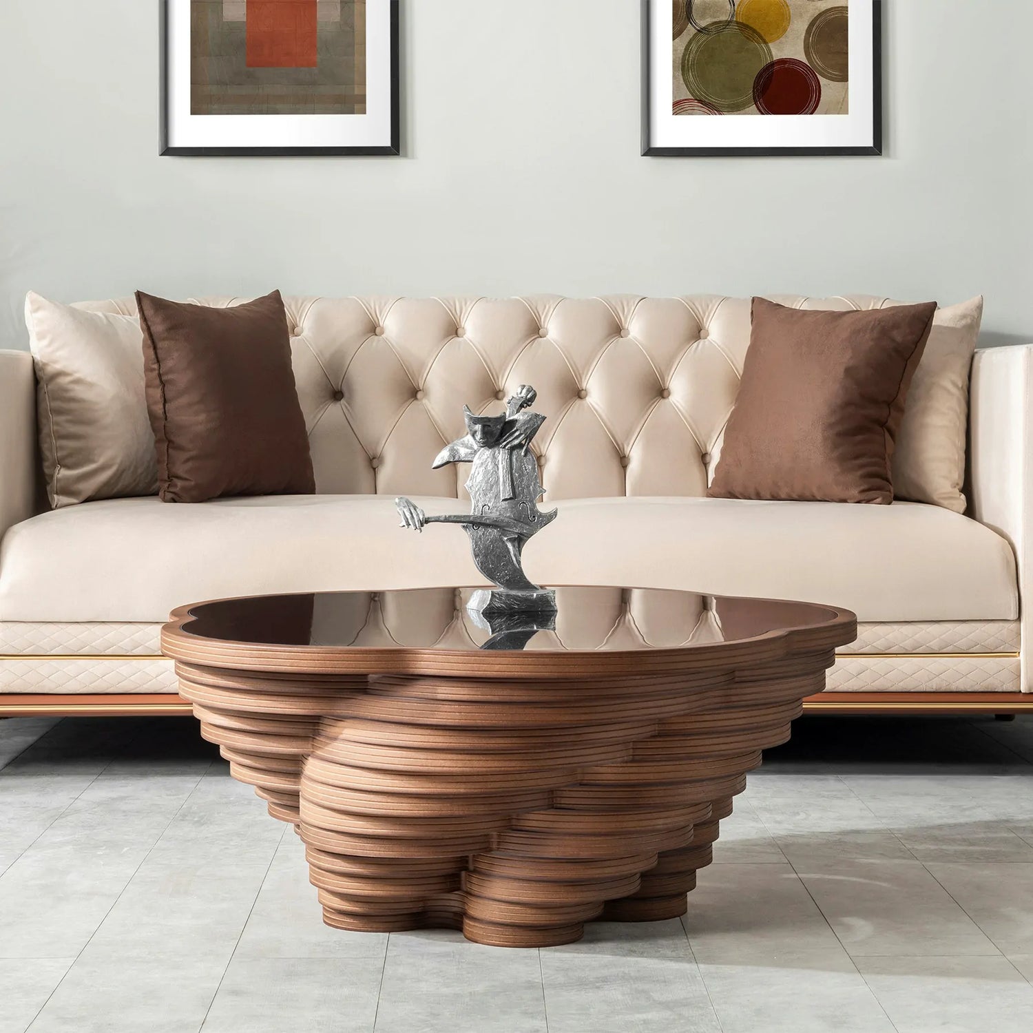 Modern wooden coffee table with organic rounded edges