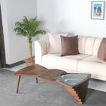 Asymmetrical coffee table with wood and glass dual surface