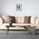 Wood and glass coffee table with angular stepped form